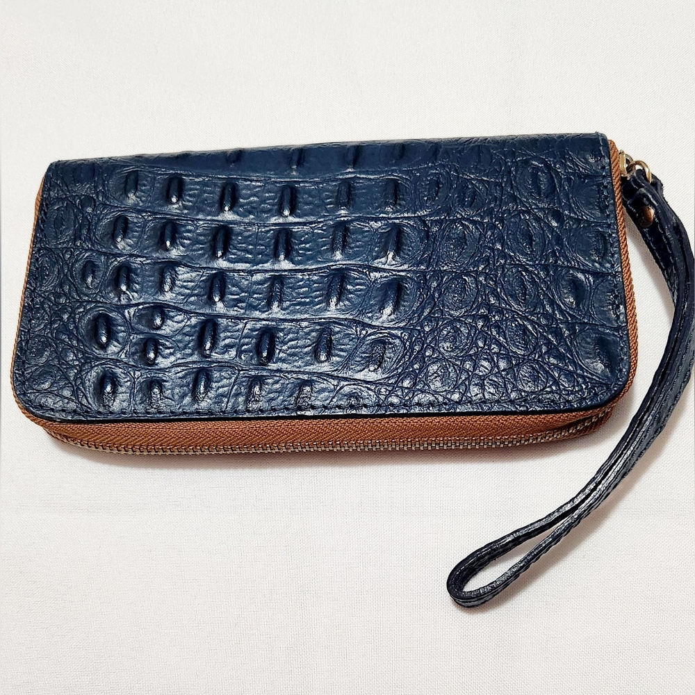 Genuine Blue Back Bone Croc Leather Skin Zipper Clutch Women's Wallet Wristlet - Picture 6 of 6